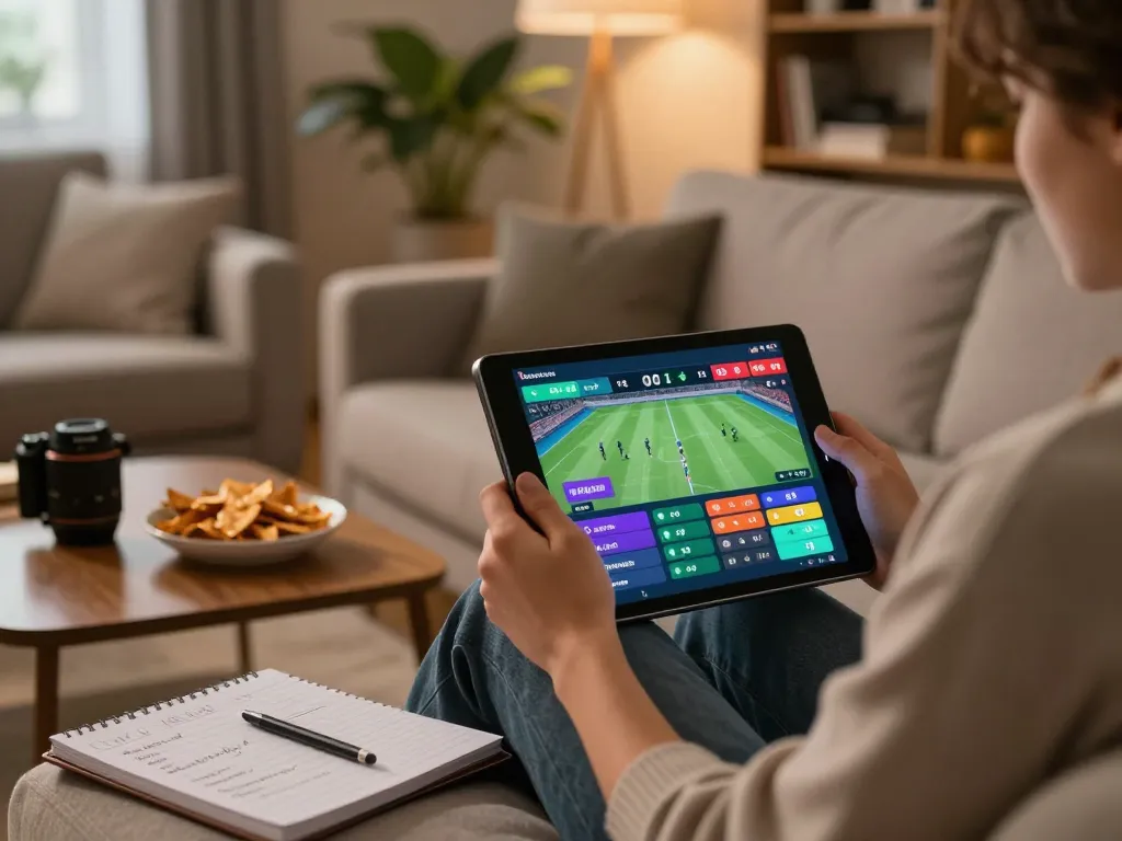 Person using a tablet for online betting, showcasing bongdalu sports betting interface and strategic notes.