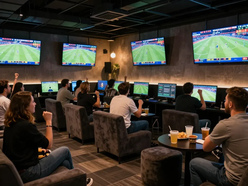 Socolive sports fans cheering while placing bets in a lively lounge setting.