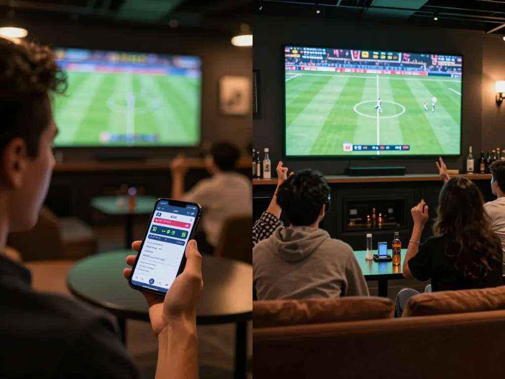 Kèo nhà cái action with friends cheering in a sports bar while placing mobile bets during the game