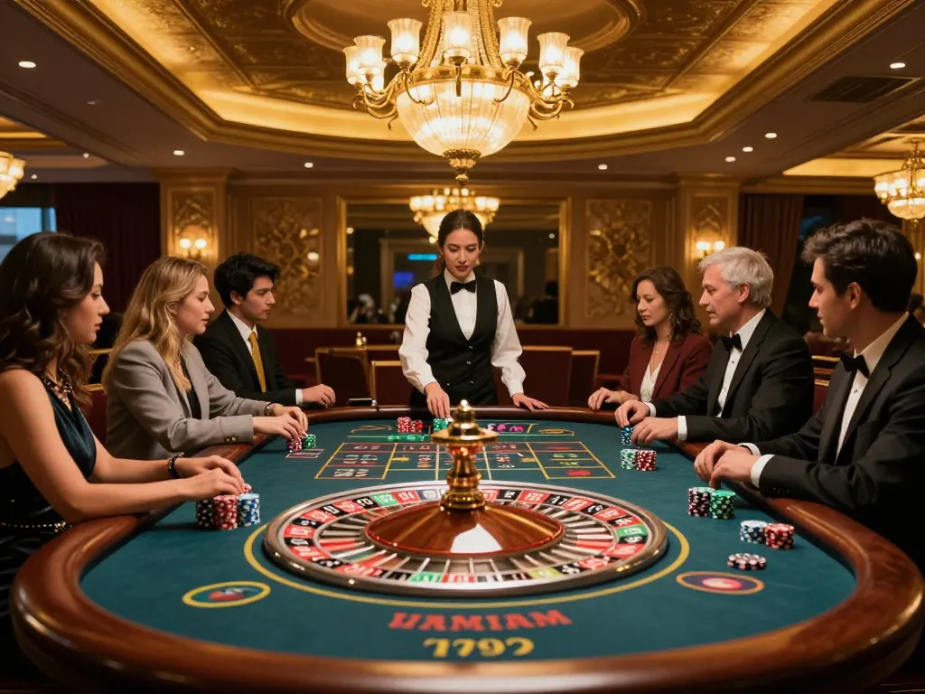Experience the thrill of TR88 as players engage in a luxurious roulette game at a high-end casino.