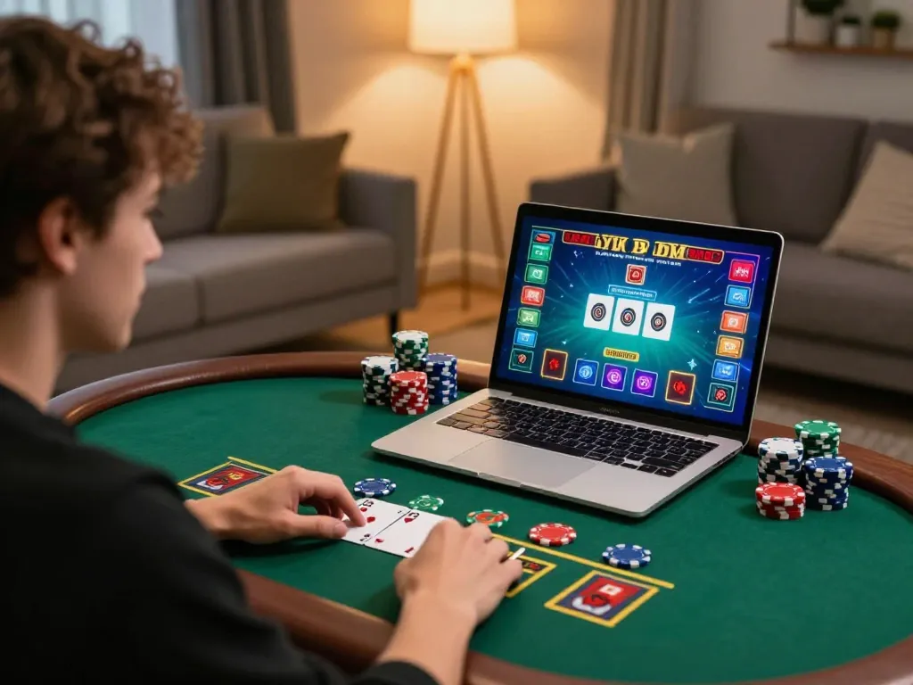 Player enjoying a dynamic go8 online blackjack session with chips and laptop interface.