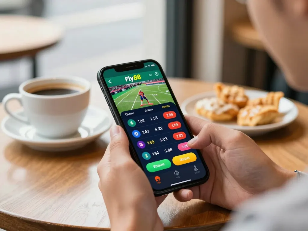 Engaging with fly88 app for sports betting on mobile in a sunny café.