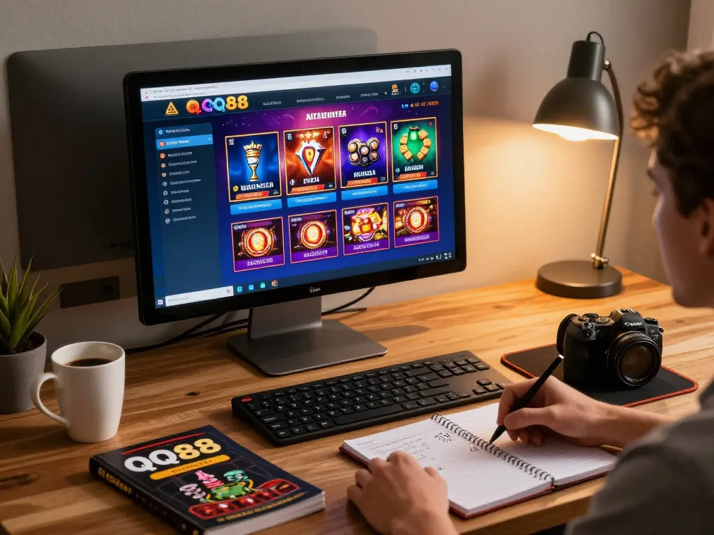 Engaging home gaming scene showcasing QQ88 poker interface and strategic betting notes.