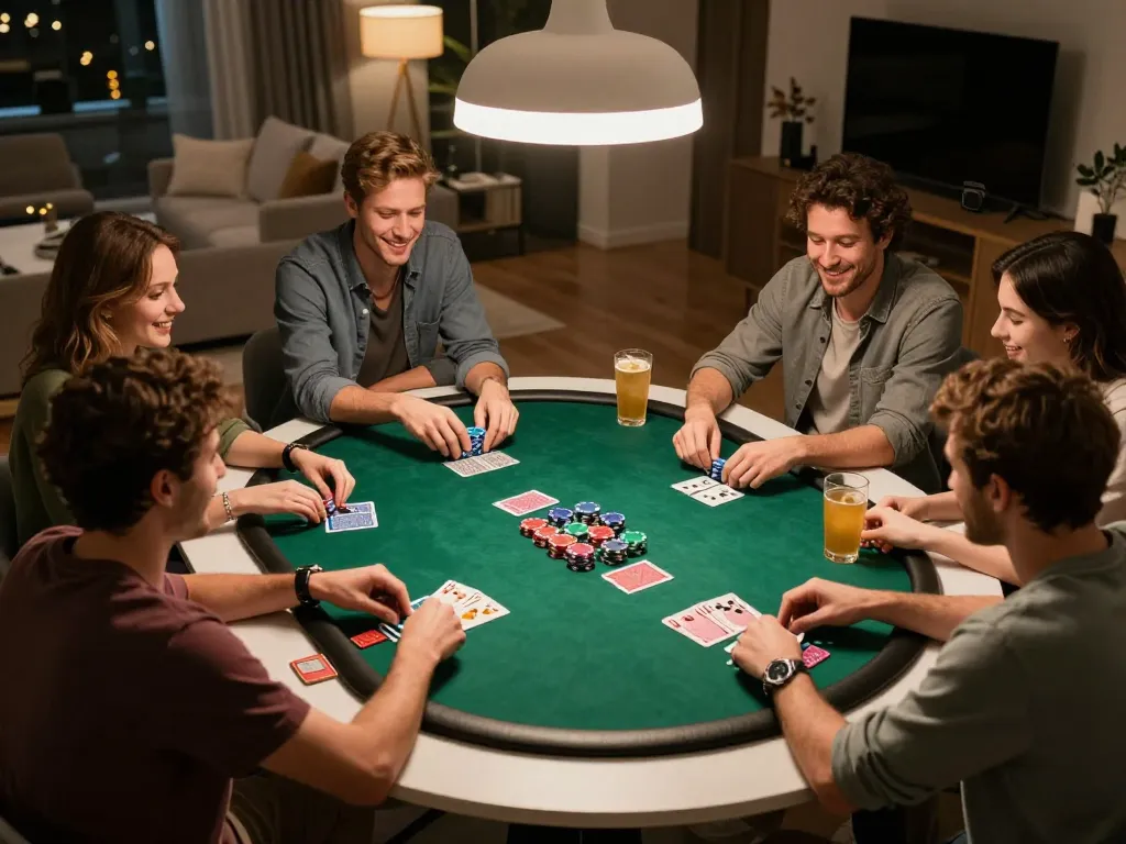 Friends enjoying a poker night at home with BL555, showcasing lively gameplay and social interaction.
