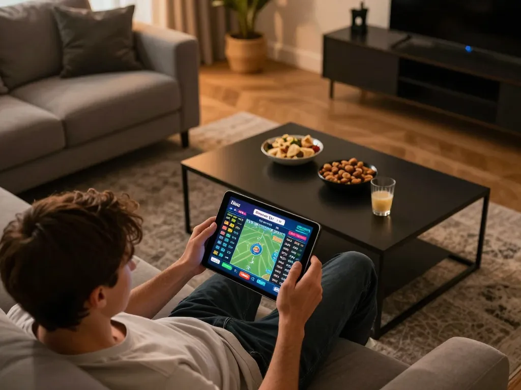 Engaging with Fabet's online betting platform on a modern tablet in a cozy home setting.