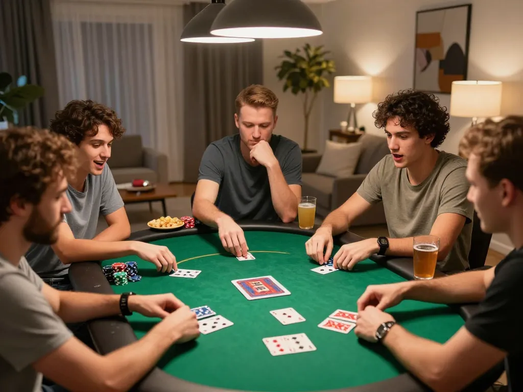 Friends enjoying a poker game at home with sunwingo-themed decorations, showcasing vibrant gameplay moments.