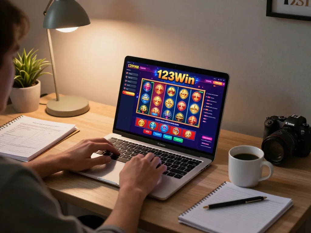 Engaging gameplay at 123Win on a laptop, showcasing vibrant slots and a cozy gaming setup.
