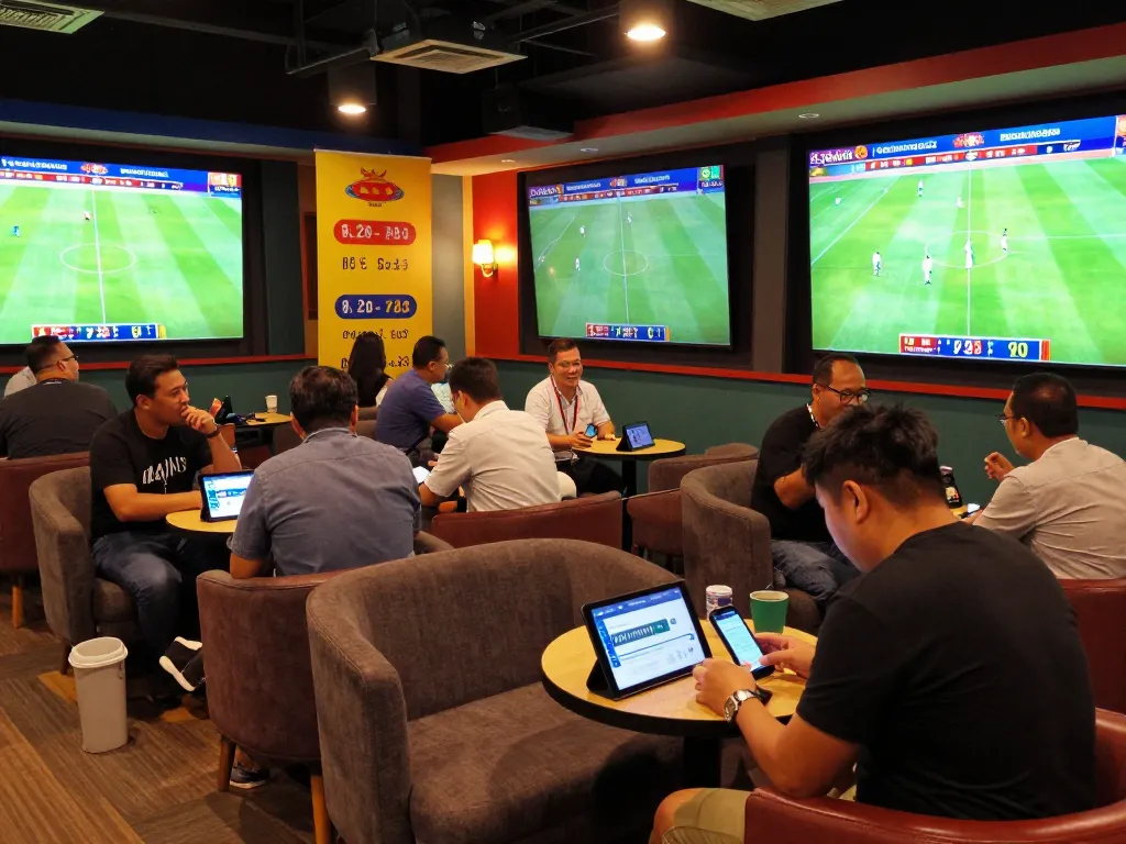 Engaged sports bettors using the keonhacaii88 app for live soccer betting in a lively lounge setting.