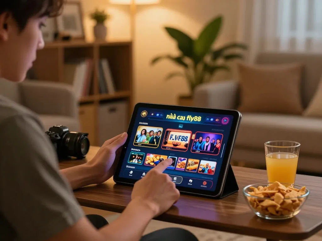 Engaging online gaming moment with nhà cái fly88 displayed on a tablet during a cozy home setup.