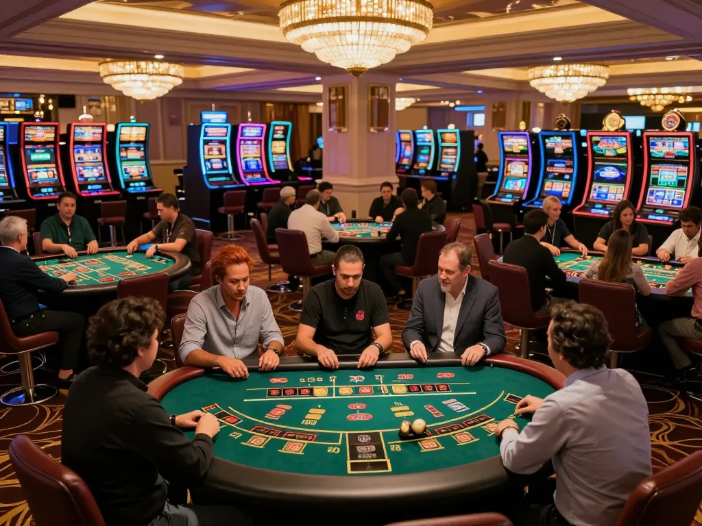 abc8 players engaging in lively casino gameplay at an upscale venue, showcasing excitement and strategy in action.