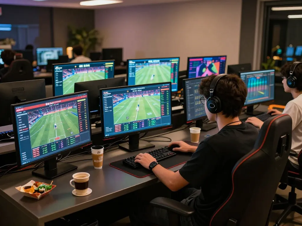 Person engaged in online betting experience at 88fc with multiple screens showing live sports events.