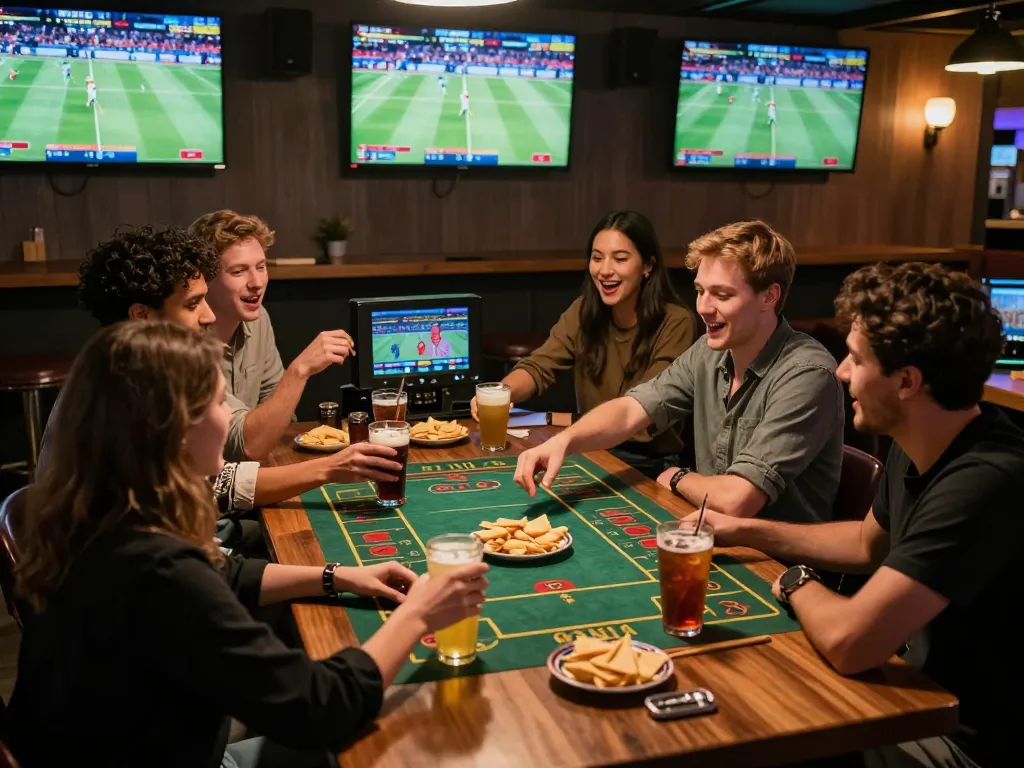 Engaging scene of friends placing bets at 789win, enjoying live sports atmosphere