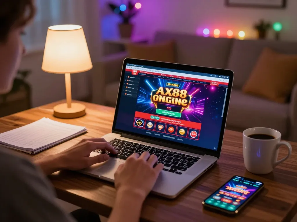Engaging online gaming scene featuring AX88 casino platform with laptop setup, comfortable atmosphere