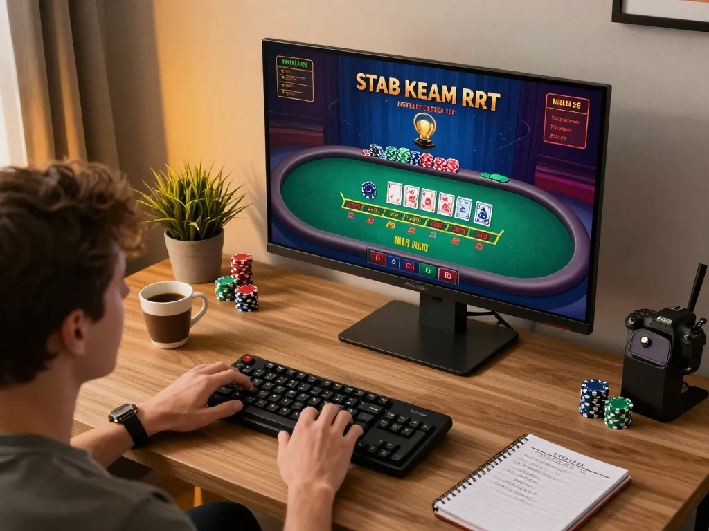 Engaged player enjoying blackjack at home, showcasing 99OK gaming setup with strategic notes and warm lighting.