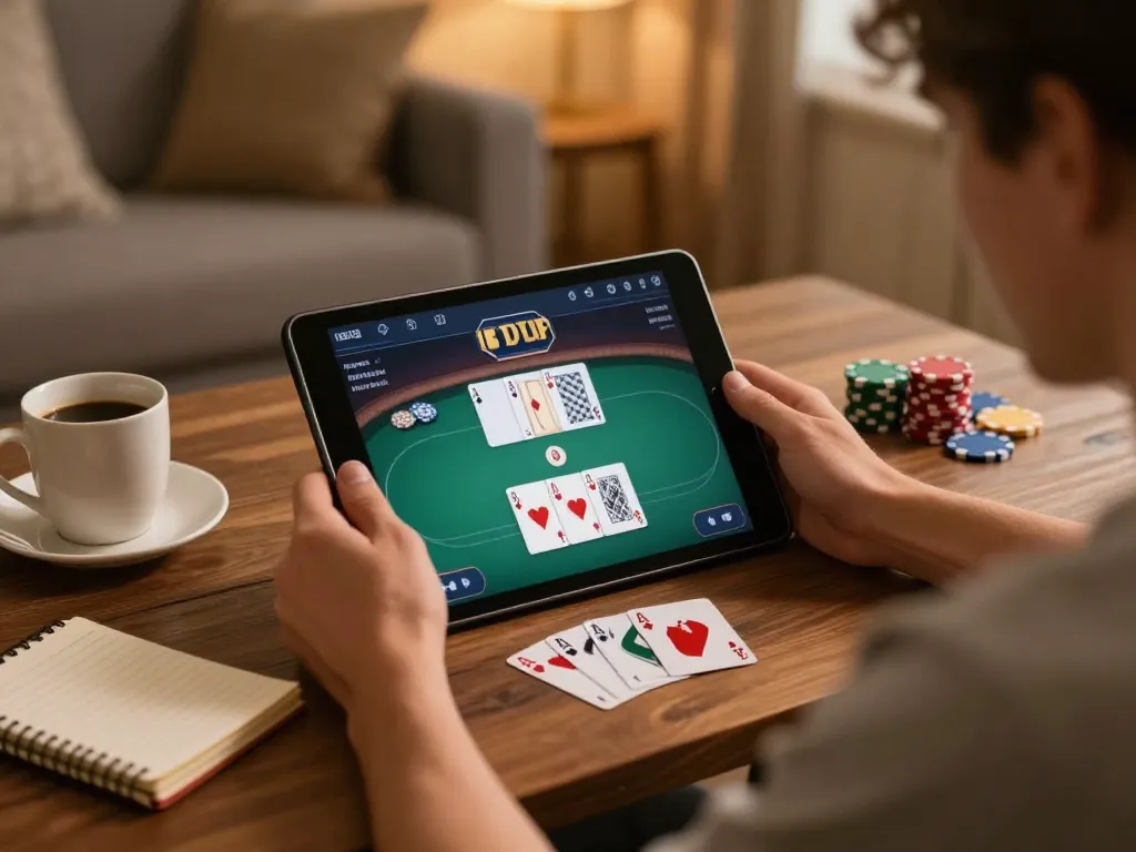 Player engaging in live poker on tablet at home, showcasing dh88a's online casino experience