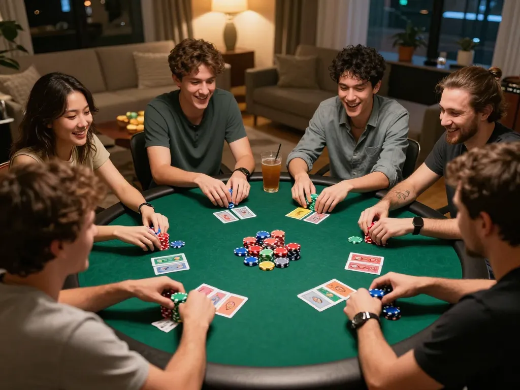 Alo789 poker night with friends enjoying table gaming, colorful chips, and strategy discussion