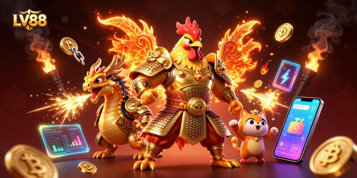 Experience thrilling adventures with LV88, featuring a brave rooster warrior and a fierce dragon hatchling in an electrifying casino atmosphere.