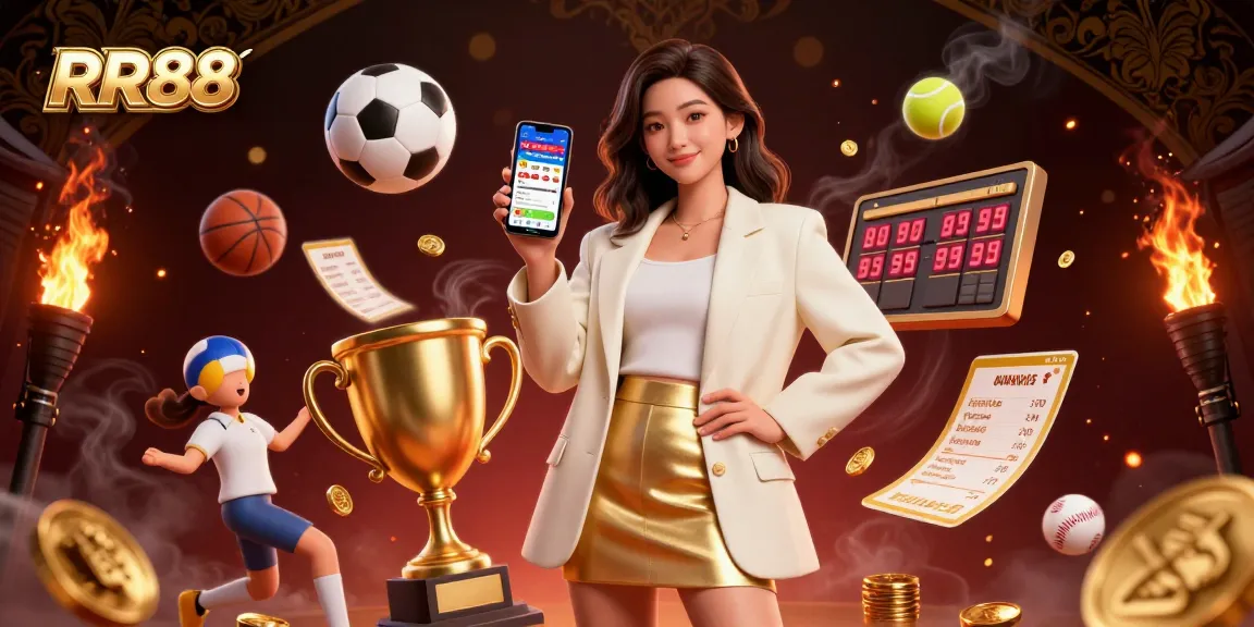 Win big at RR88 with a photorealistic representation of a betting experience featuring sports and vibrant casino elements.