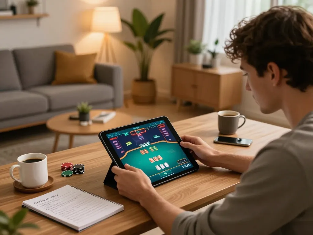 Engaging in online poker gameplay at home with 68win on a tablet, surrounded by strategy notes and a cozy atmosphere.