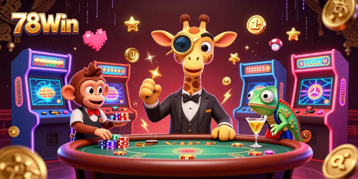 Bet on 78Win with exciting casino action featuring a high-roller giraffe and vibrant gaming elements.