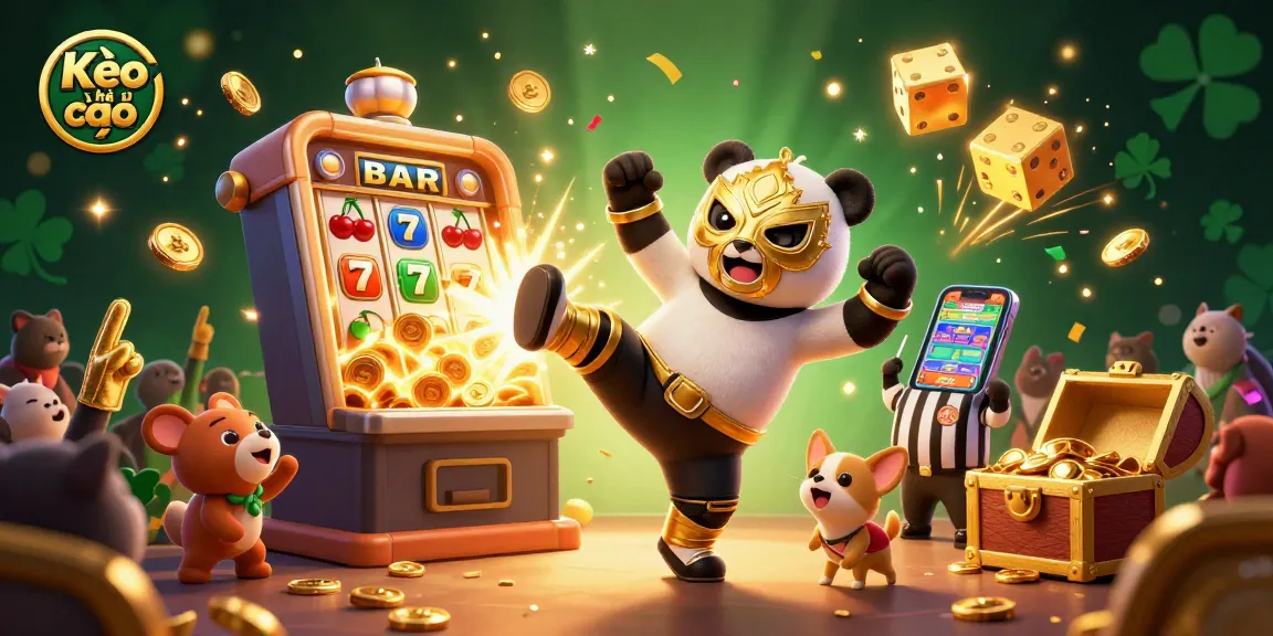 Kèo nhà cái showcases a vibrant 3D illustration of a wrestling panda performing a flying kick amidst a lively casino scene.