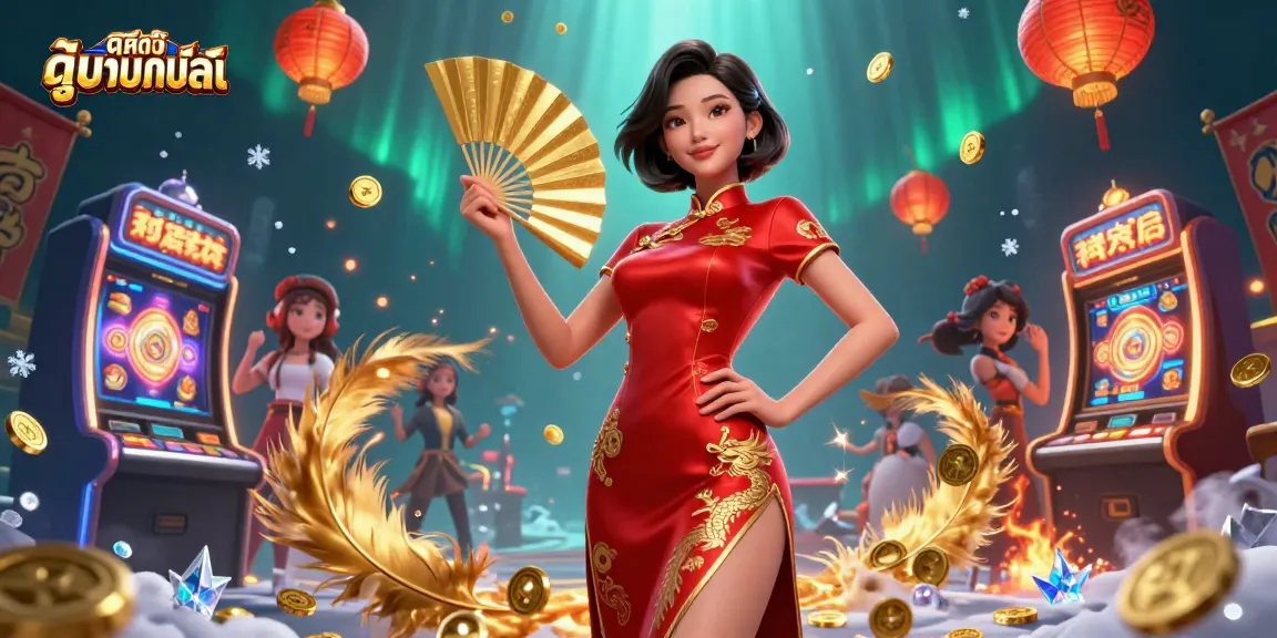Experience ดูหนังออนไลน์ with vibrant casino elements, showcasing colorful slot machines and gold coins.