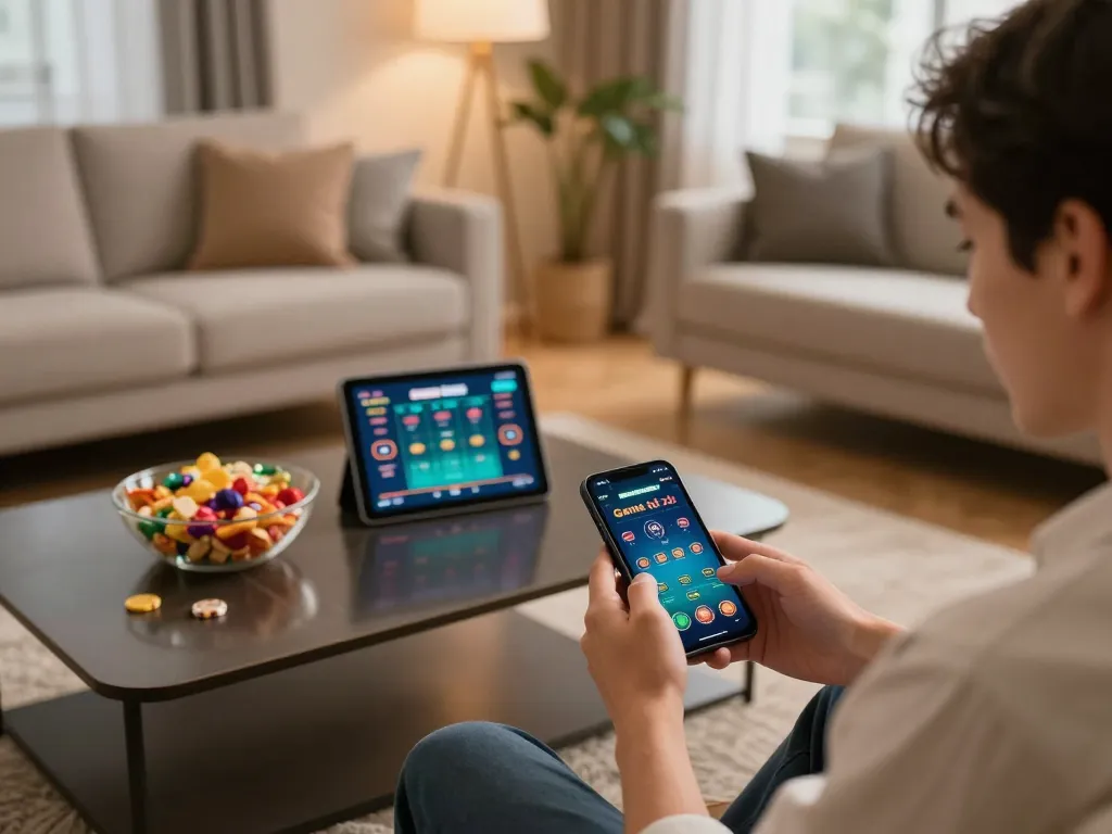 Playing Game tài xỉu on smartphone in a cozy home gaming setup with snacks.