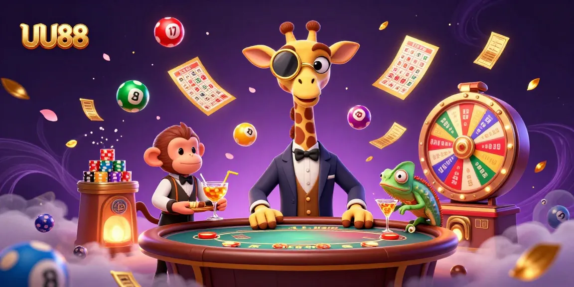 UU88 captures a lively casino scene with a giraffe, monkey, and chameleon amidst vibrant gaming elements.