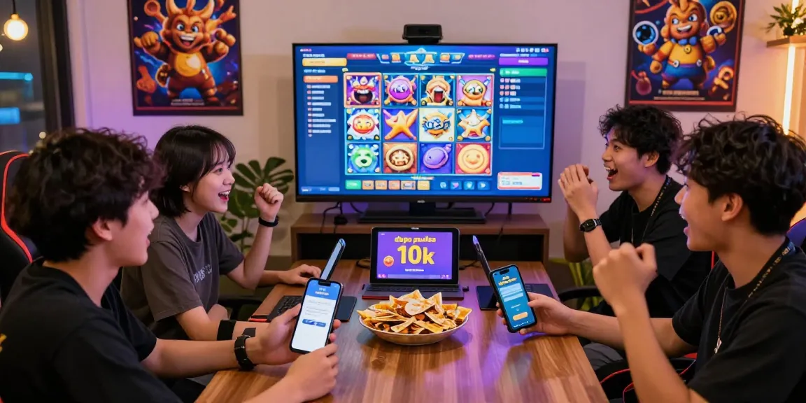 Group of excited gamers enjoying slot games with depo pulsa 10k tanpa potongan options in a vibrant lounge setting.