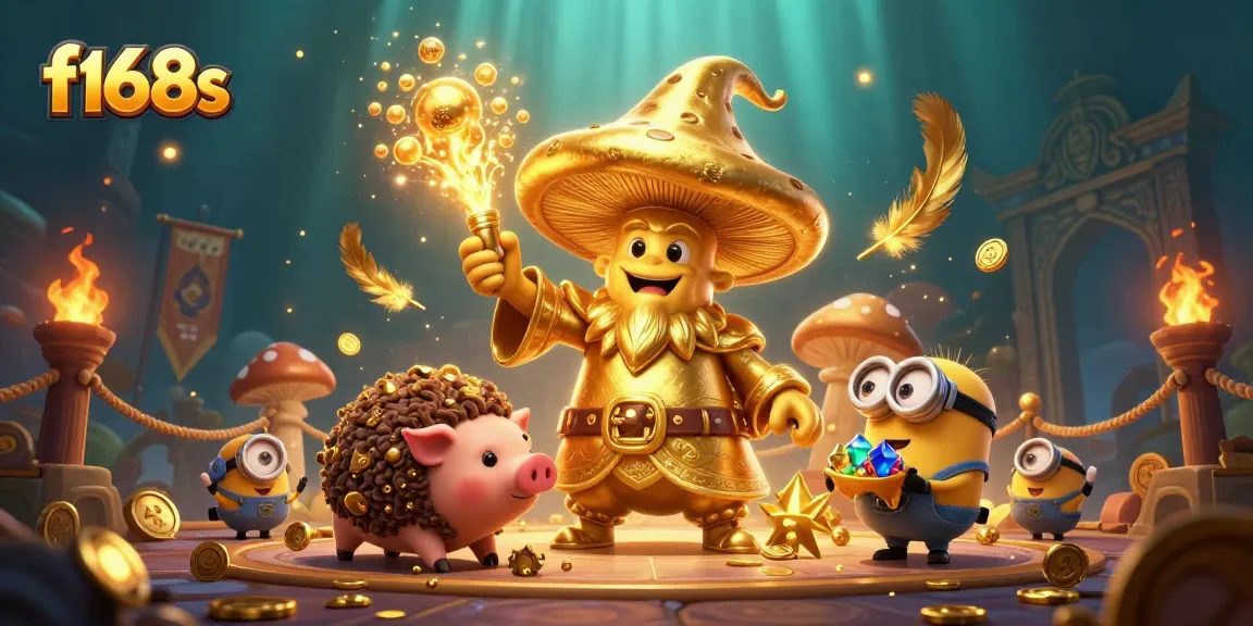 Experience thrilling f168s gaming with a golden mushroom wizard and treasure-hunting pig in a vibrant casino scene.