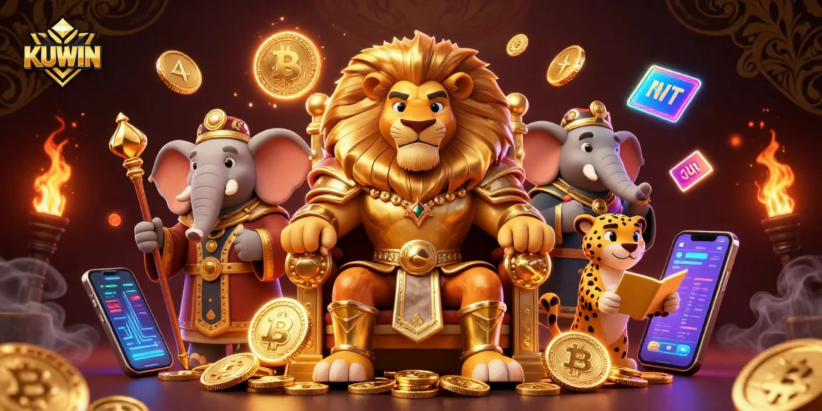 KUWIN showcases a fierce lion king on a golden throne, representing exciting casino games.
