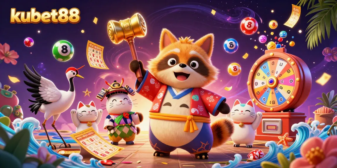 Experience exciting lottery fun with kubet88, featuring a cheerful tanuki and vibrant lottery elements.