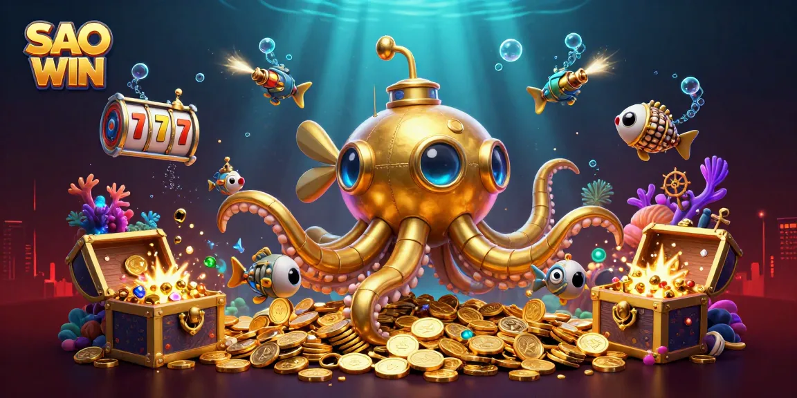 SAO WIN showcases a dynamic 3D casino scene with a golden kraken submarine amidst riches, enhancing gaming thrills.