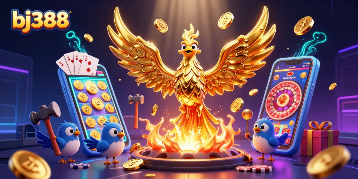 Place bets and win with bj388's vibrant casino scene featuring golden coins and dynamic game elements