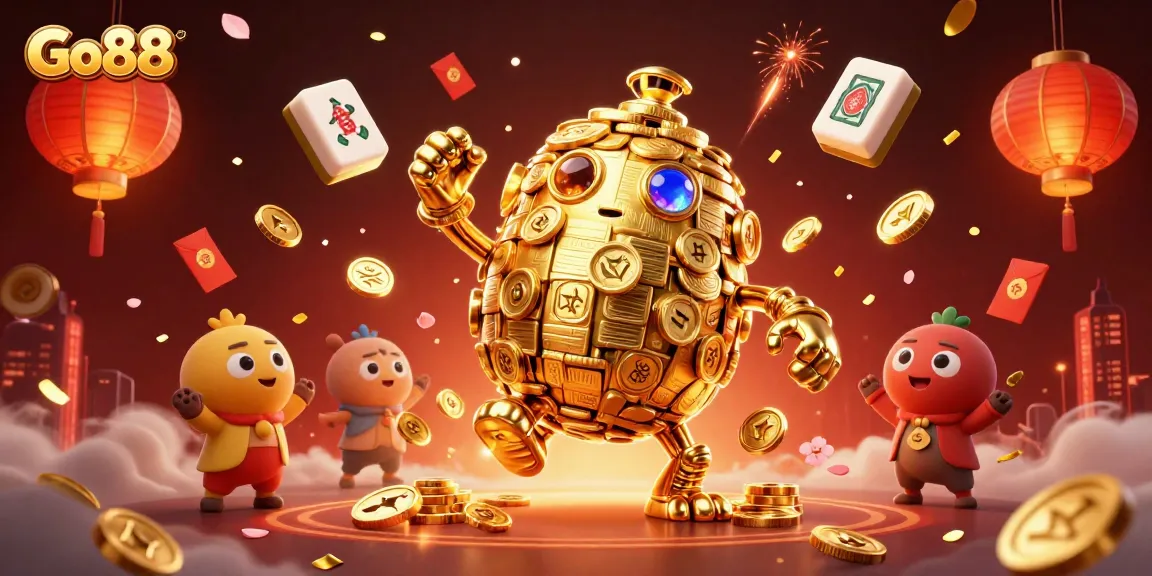 Engage with Go88's vibrant gaming universe, featuring a golden golem surrounded by dynamic casino elements.
