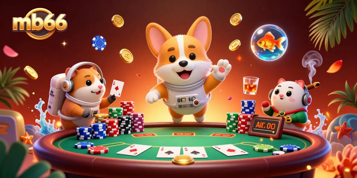 Experience mb66 excitement with a floating corgi and vibrant casino elements in a zero-gravity scene.
