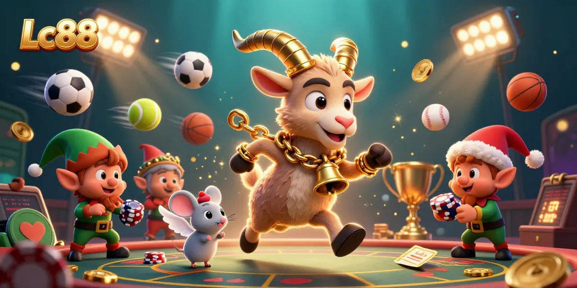 Experience thrilling gaming excitement at Lc88 casino with action-packed characters in a vibrant, festive scene.