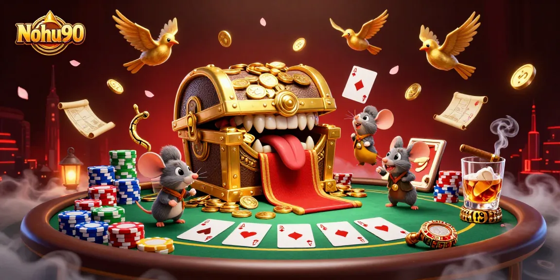 Nohu90 lures players with a golden treasure chest scene, showcasing exciting poker and slot action.