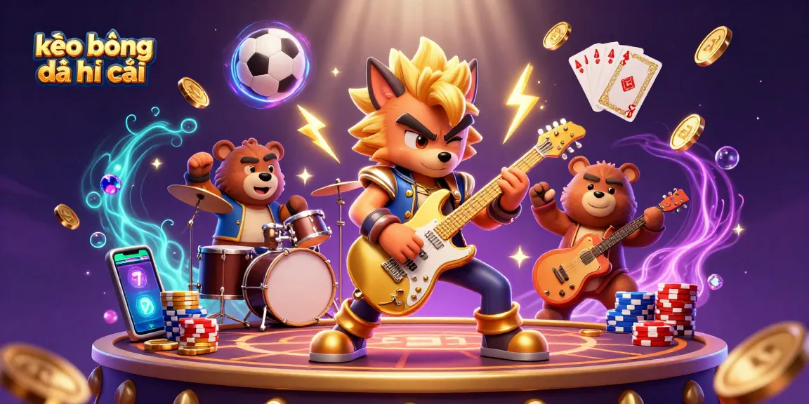 Betting on kèo bóng đá nhà cái showcased by a rock star wolf and drummer bear in an energetic scene.