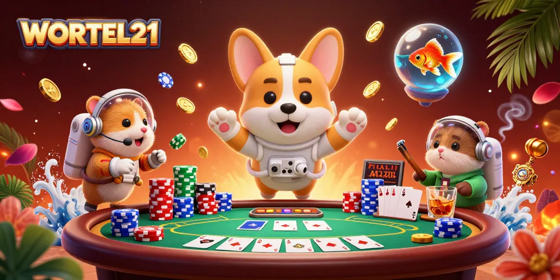 WORTEL21 depicts a unique casino scene with a 3D cartoon astronaut corgi amidst poker chips and action-packed gaming elements.