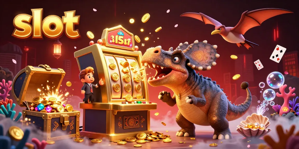 Experience thrilling slot action as the pachycephalosaurus activates a jackpot machine showering coins.