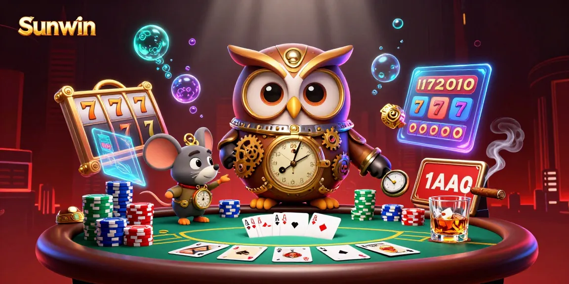 Sunwin showcases thrilling poker action with a steampunk owl and vibrant casino elements.
