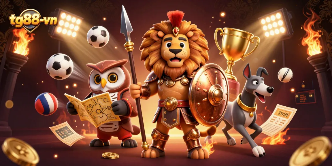 Experience the thrilling gameplay at tg88-vn with a dynamic 3D scene featuring casino elements like sports and trophies.