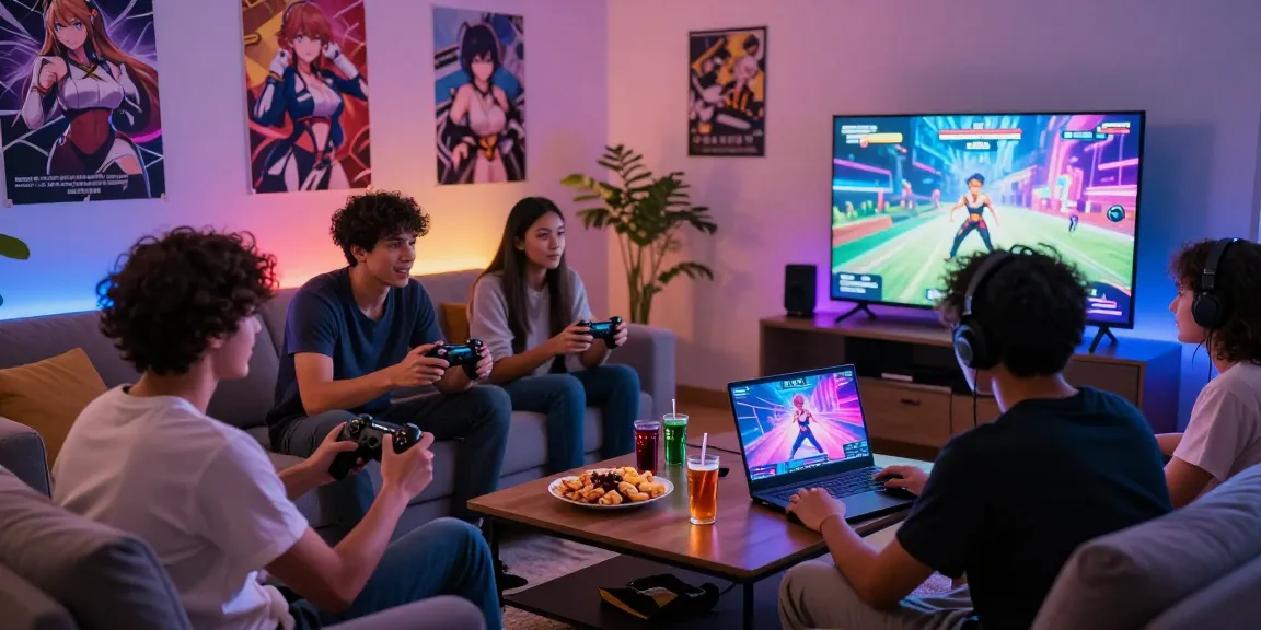 Gamers enjoying ecchi games in a modern living room, showcasing vibrant visuals and relaxed atmosphere.