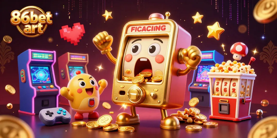 86bet art showcases a golden slot machine hitting a jackpot, surrounded by cheering baby slots and vibrant game elements.
