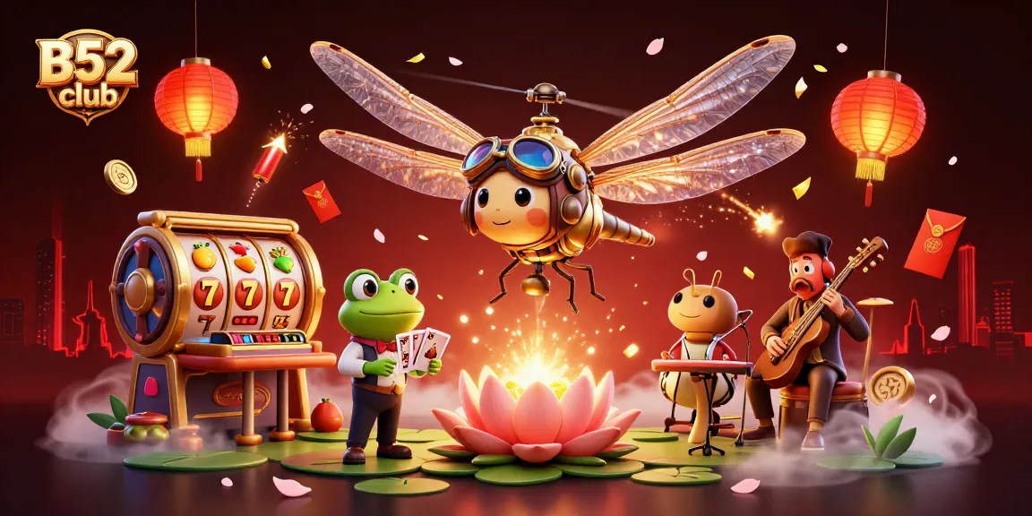 B52 club players engage in vibrant slot games with animated characters in an exciting casino atmosphere.