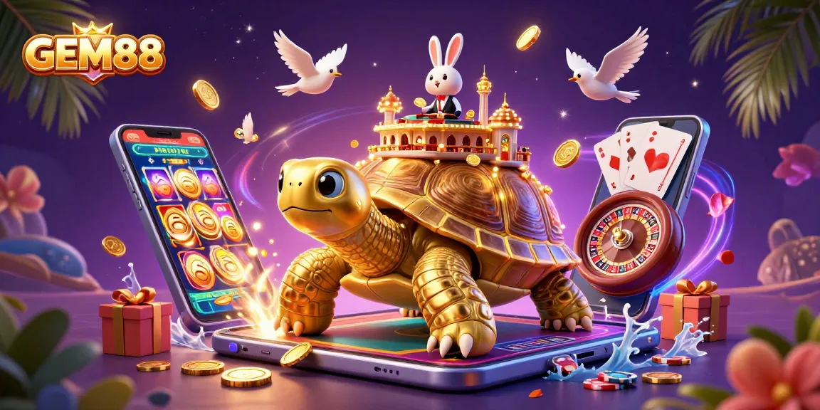 GEM88 players experiencing thrilling wins in a vibrant 3D casino scene with golden elements.