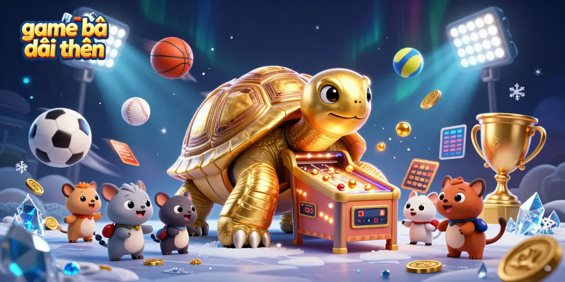 A dynamic illustration of game bài đổi thưởng with a golden tortoise pinball machine and animated sports elements.