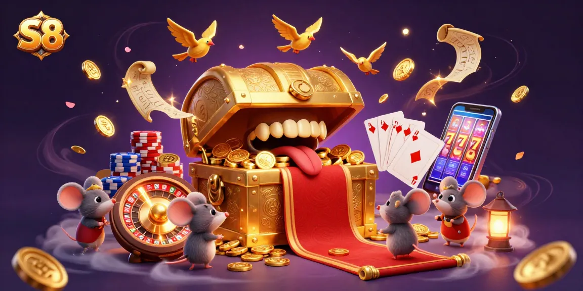 S8 casino features a magical treasure chest luring mice with golden coins and rich game elements.