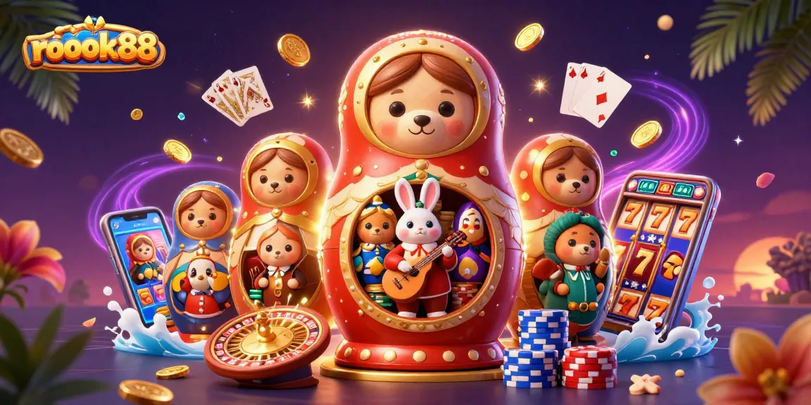 Experience the thrill of gambling with rokok88, showcasing festive characters, slot reels, and casino elements.